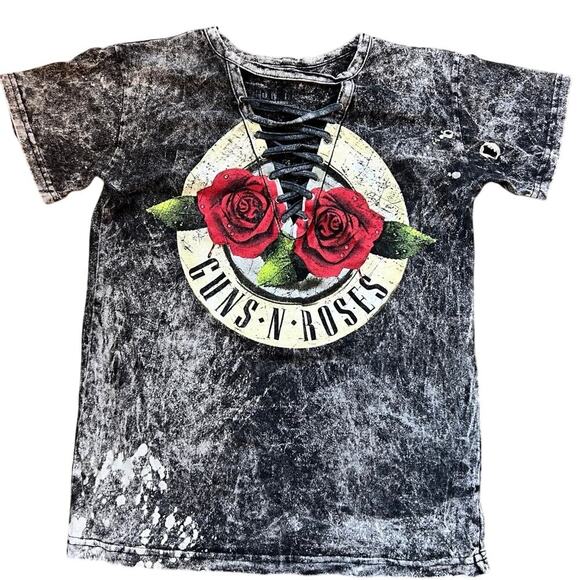 Guns & Roses V-neck T-Shirt with ties, black distressed women's XS-S - Picture 3 of 3